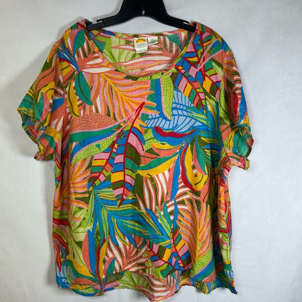C&C California Multicolor Tropical Leaf Print Short Sleeve Blouse